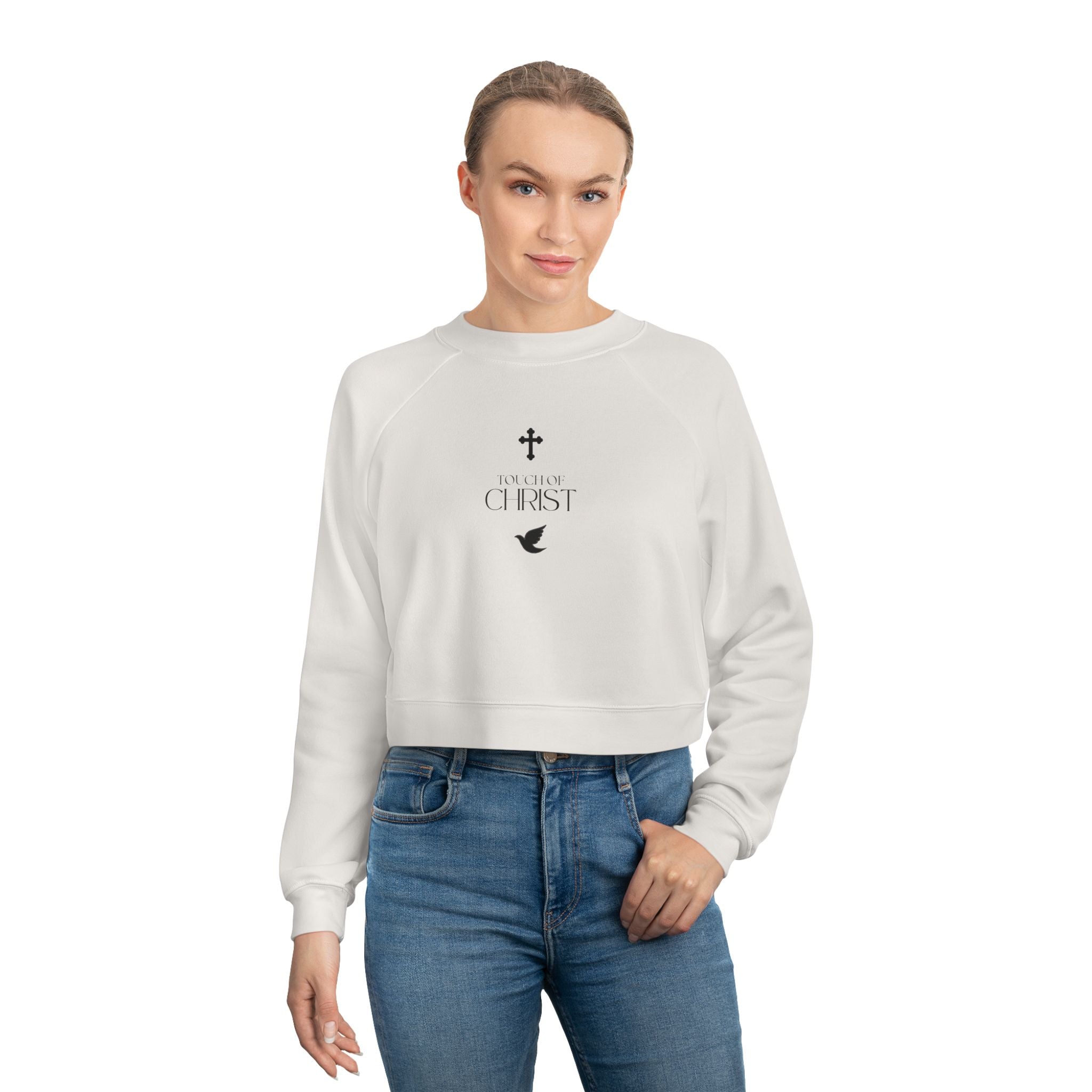 Touch of Christ | Cropped Fleece Pullover | Bold Black Type