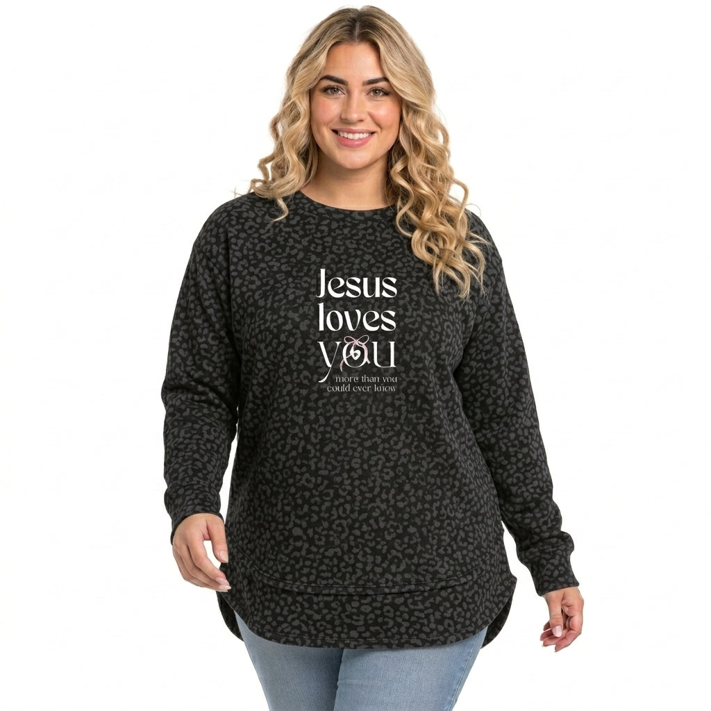 Jesus Loves You | Women's Fleece Pullover, Black Leopard Print