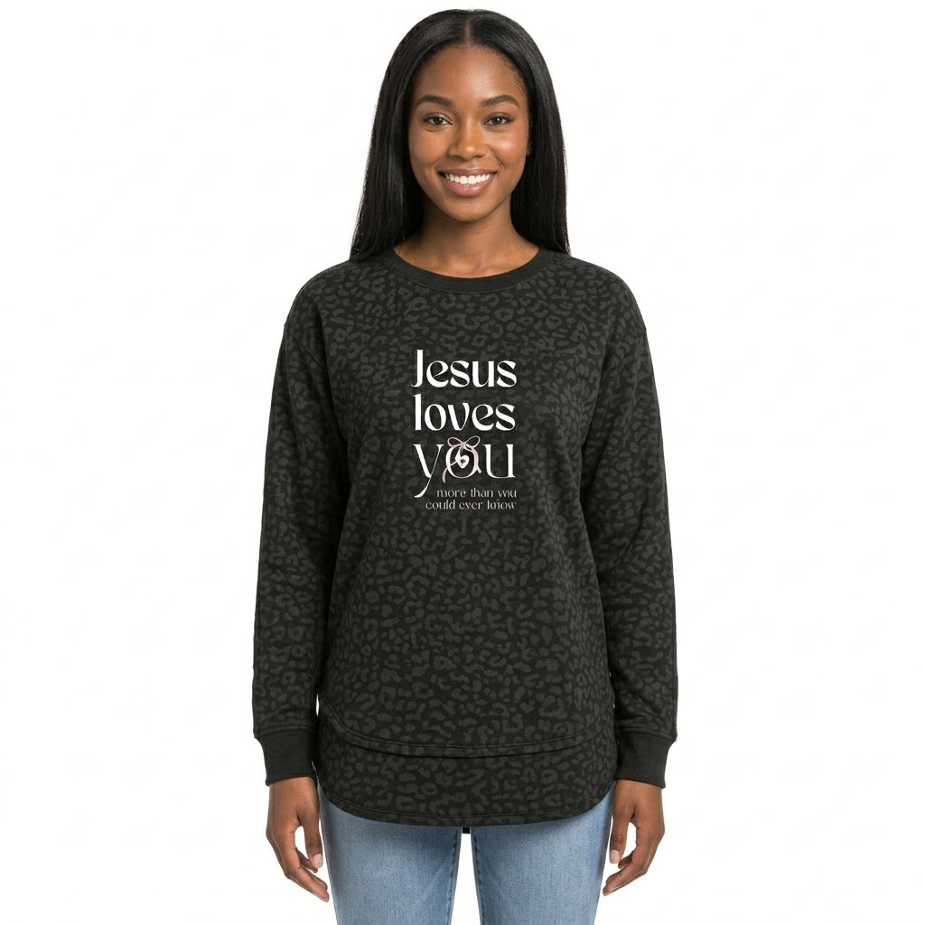 Jesus Loves You | Women's Fleece Pullover, Black Leopard Print