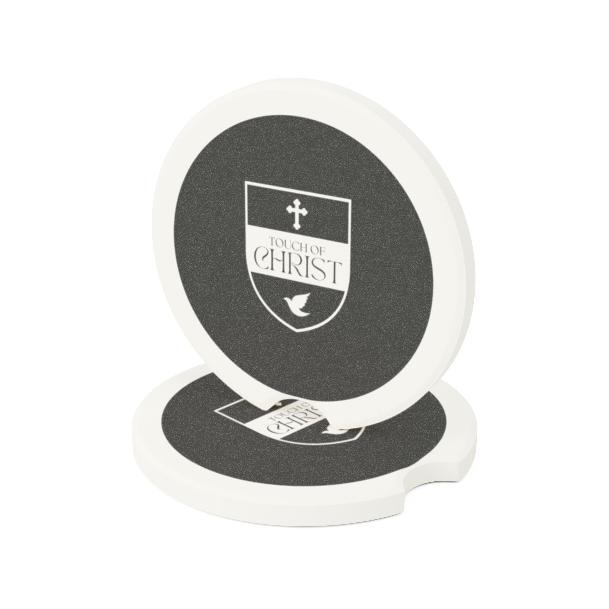 Touch of Christ Crest | Soapstone Car Coaster - 2pk | Bold Black