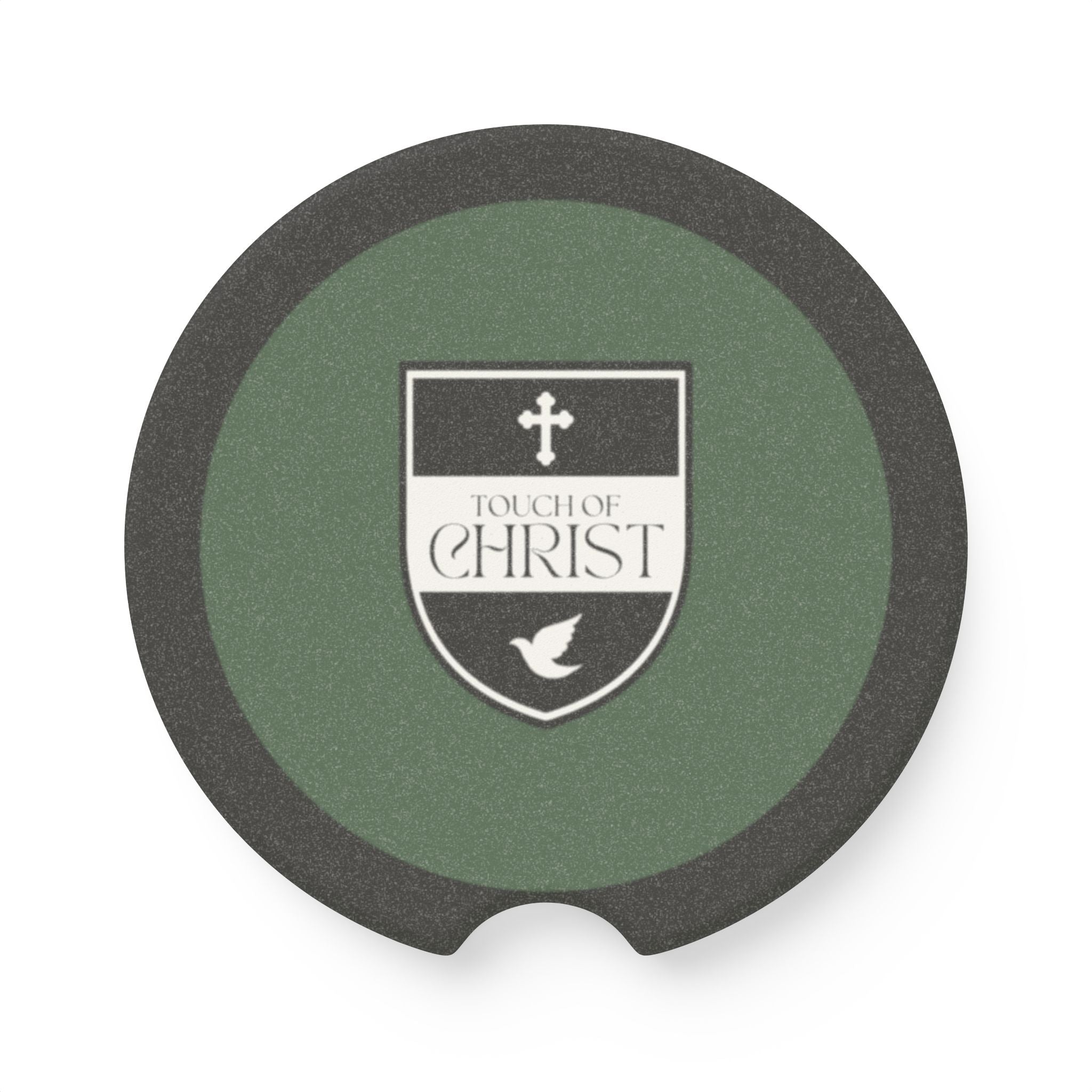 Touch of Christ Crest | Soapstone Car Coaster - 2pk | Green Pastures