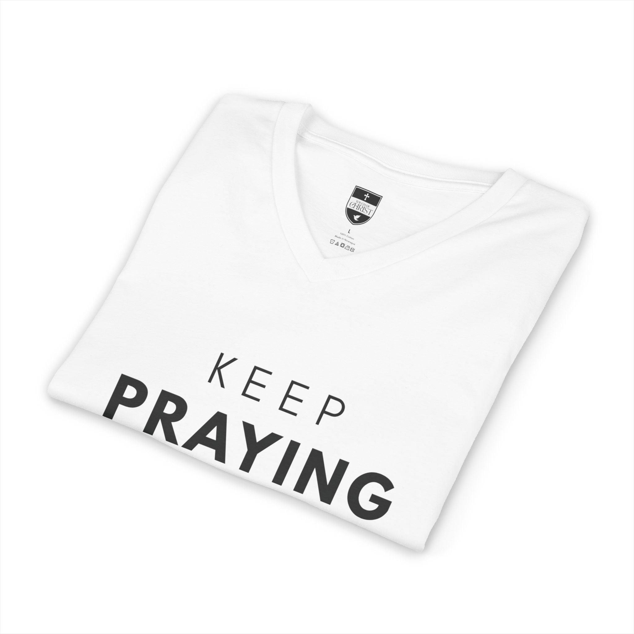 Keep Praying | Mens White Tee | V Neck
