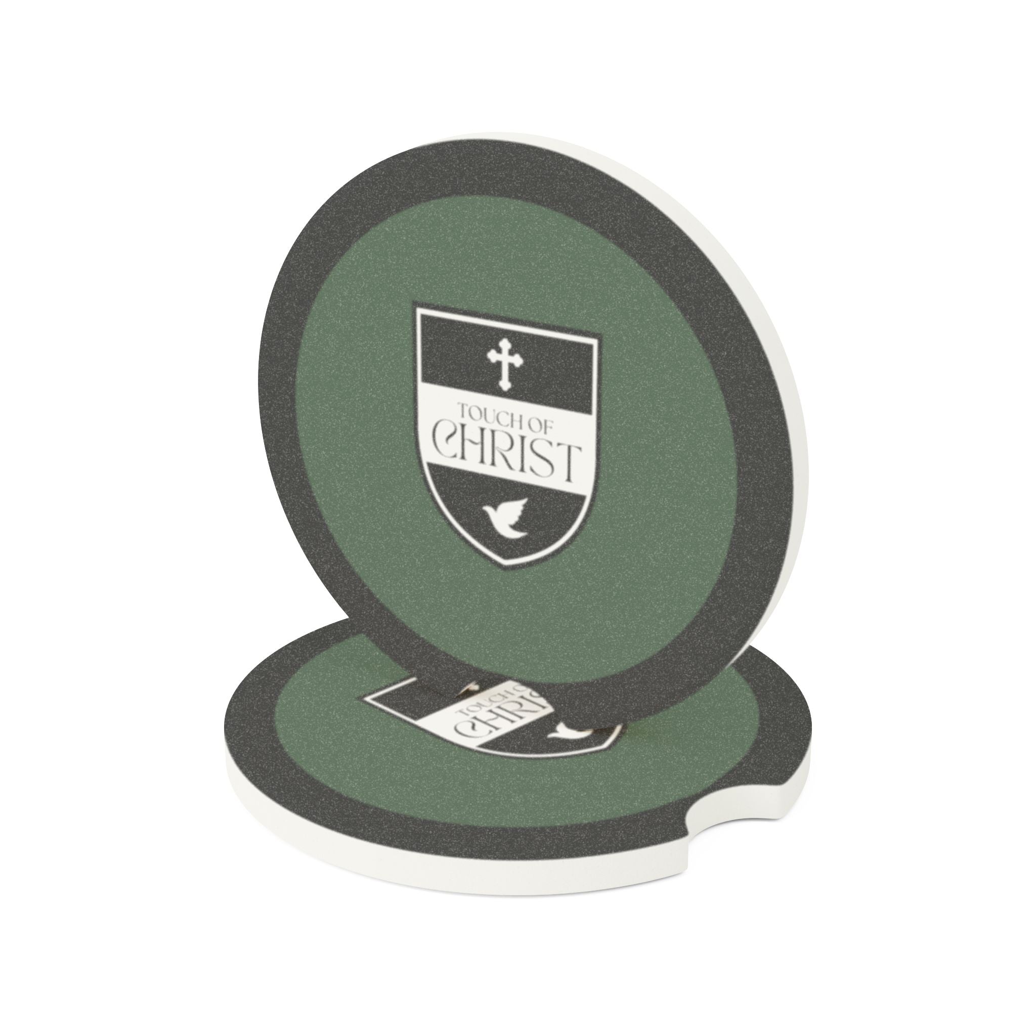 Touch of Christ Crest | Soapstone Car Coaster - 2pk | Green Pastures