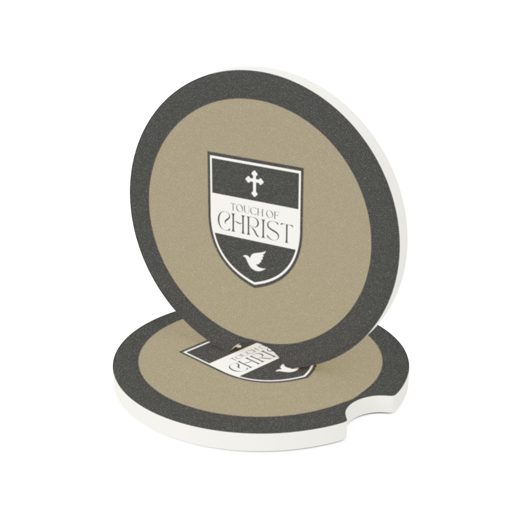 Touch of Christ Crest | Soapstone Car Coaster - 2pk | Sandy Brown