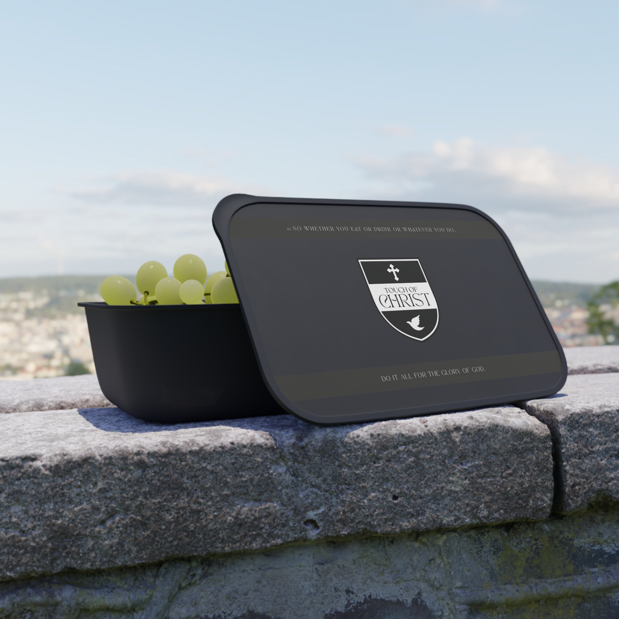 Touch of Christ Crest - Bento Box | PLA Lunch Box with Band & Utensils | Scripture